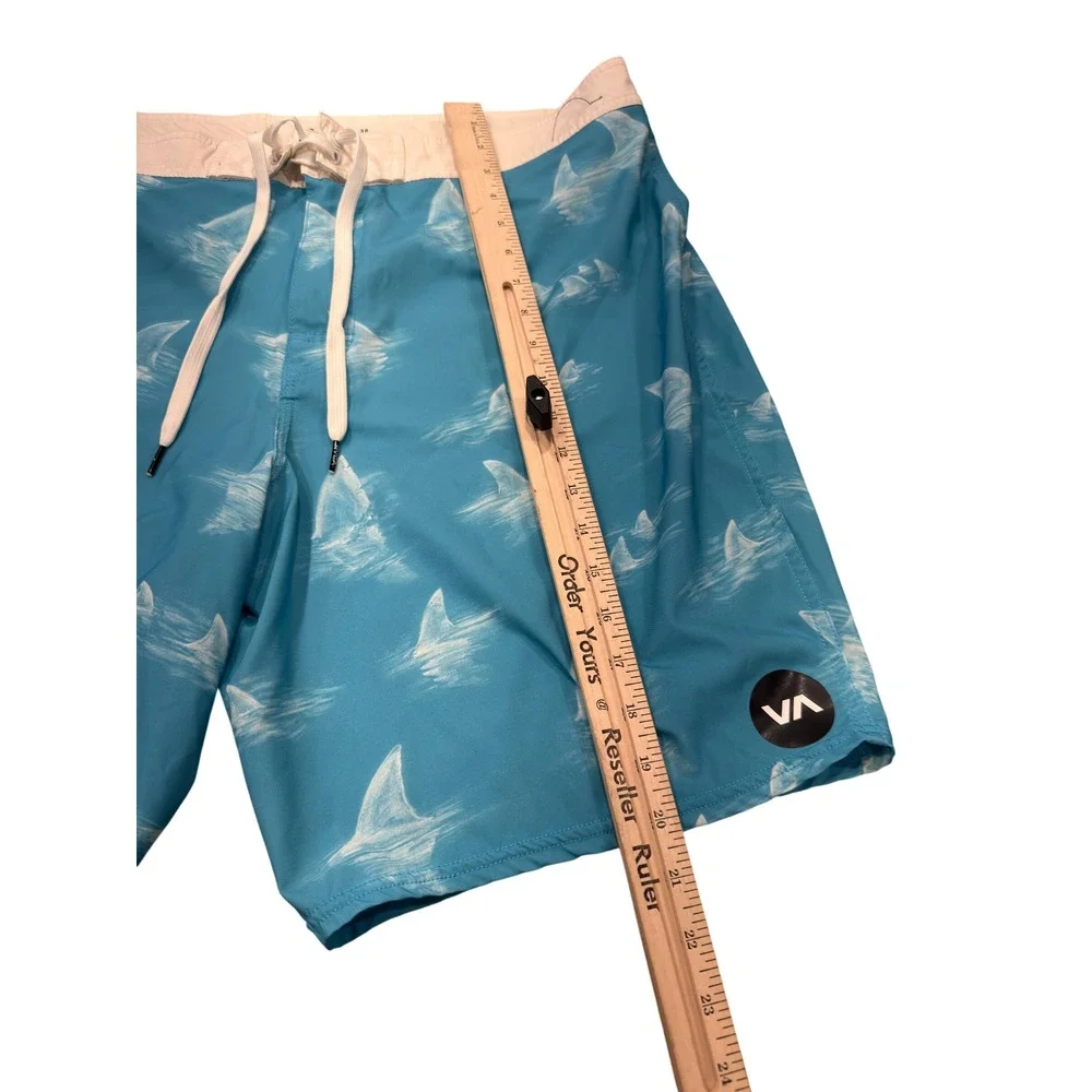 RVCA Board Shorts Mens 34 Turquoise Blue Shark Fin Print Stretch Surf Swim Trunk